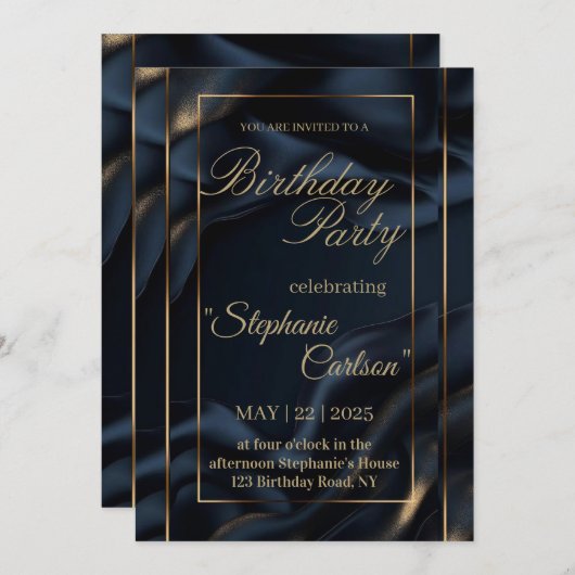 Elegant Navy Blue & Gold Wedding Invitation 招待状 (正面/裏面)