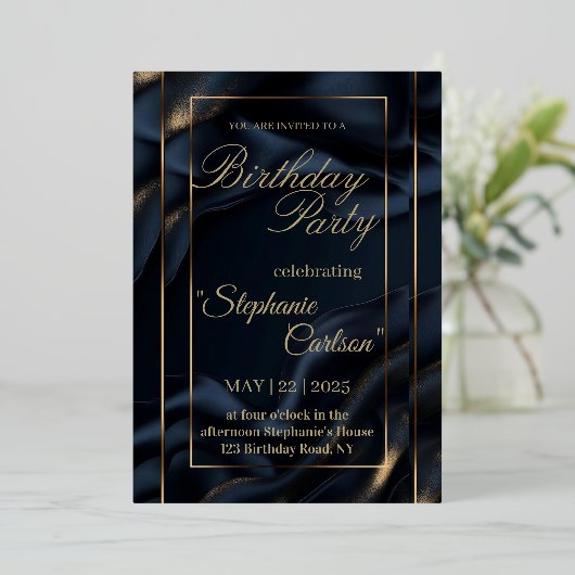 Elegant Navy Blue & Gold Wedding Invitation 箔招待状 (立ち正面)