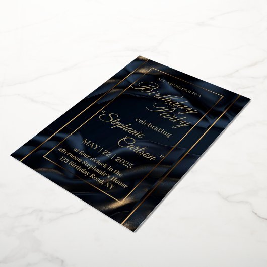 Elegant Navy Blue & Gold Wedding Invitation 箔招待状 (回転した状態)