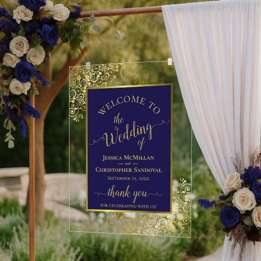 Elegant Navy Blue & Gold Wedding Welcome アクリルサイン