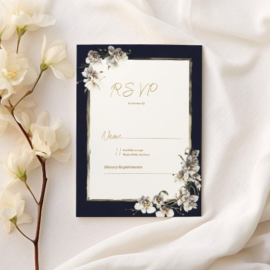 Elegant navy blue gold white orchid floral RSVP 招待状