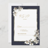 Elegant navy blue gold white orchid floral RSVP 招待状 (正面)