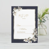 Elegant navy blue gold white orchid floral RSVP 招待状 (スタンド正面)