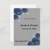 Elegant Navy Blue & Gold Winter Floral Wedding Inv 出欠カード (正面/裏面)