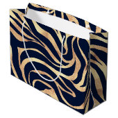 Elegant Navy Blue Gold Zebra Print ラージペーパーバッグ (裏面アングル)