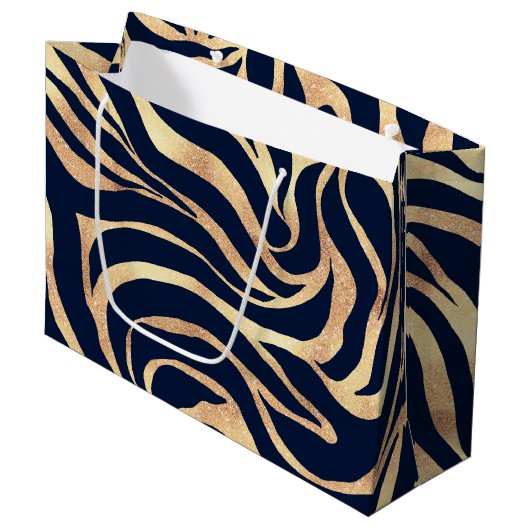 Elegant Navy Blue Gold Zebra Print ラージペーパーバッグ (正面アングル)