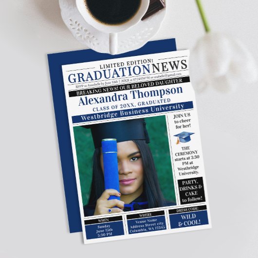 Elegant Navy Blue Graduate Newspaper Breaking News 招待状