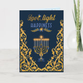 Elegant Navy Blue Hanukkah Menorah カード (正面)