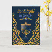 Elegant Navy Blue Hanukkah Menorah カード (黄色い花)