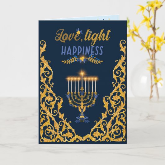 Elegant Navy Blue Hanukkah Menorah カード (黄色い花)
