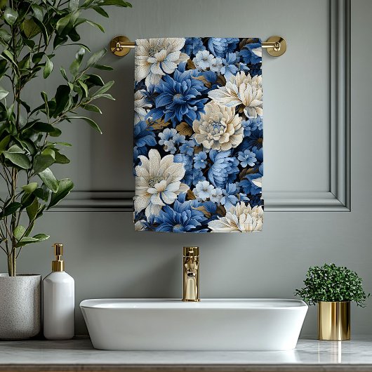 Elegant Navy Blue Ivory Gold Floral Bath Towel バスタオルセット