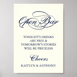 Elegant Navy Blue & Ivory Script Wedding Open Bar ポスター