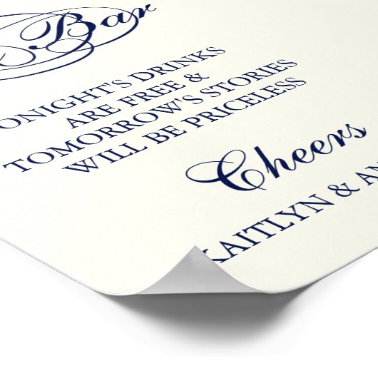 Elegant Navy Blue & Ivory Script Wedding Open Bar ポスター (角)