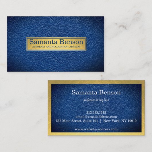 Elegant Navy Blue Leather Gold Label Professional  名刺 (正面/裏面)