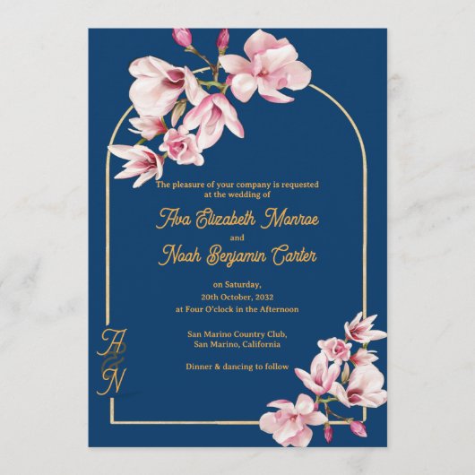 Elegant Navy Blue Magnolia Floral Wedding 招待状 (正面)