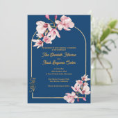 Elegant Navy Blue Magnolia Floral Wedding 招待状 (スタンド正面)