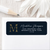 Elegant Navy Blue Metallic Gold Monogram Address ラベル (インサイチュ)