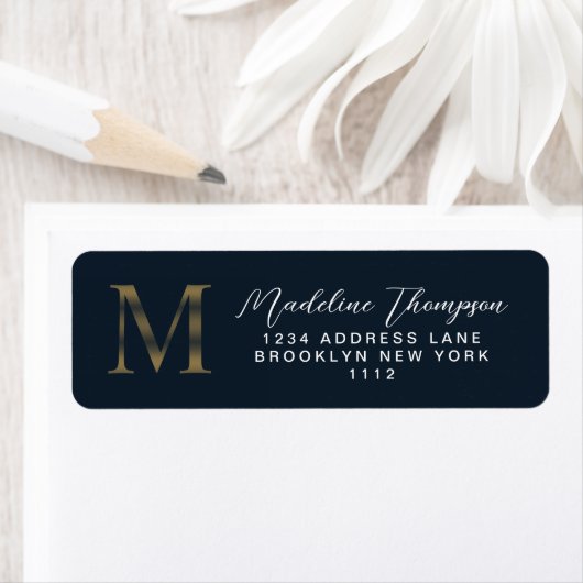 Elegant Navy Blue Metallic Gold Monogram Address ラベル (インサイチュ)