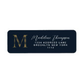 Elegant Navy Blue Metallic Gold Monogram Address ラベル (正面)