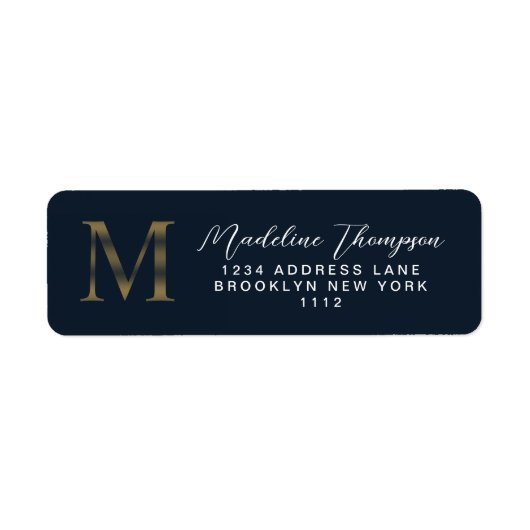 Elegant Navy Blue Metallic Gold Monogram Address ラベル (正面)