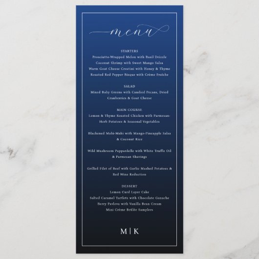 Elegant Navy Blue Minimalist Wedding Menu メニュー (正面)