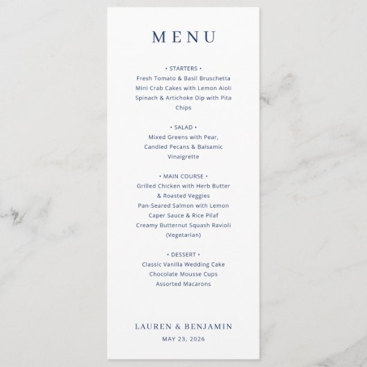 Elegant Navy Blue Minimalist Wedding Menu メニュー (正面)