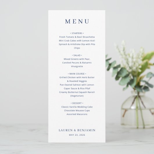 Elegant Navy Blue Minimalist Wedding Menu メニュー (スタンド正面)