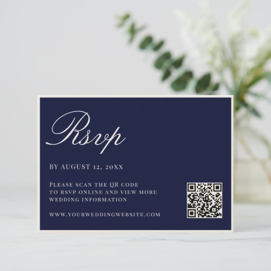 Elegant Navy Blue Old Money QR Code Wedding 出欠カード (スタンド正面)