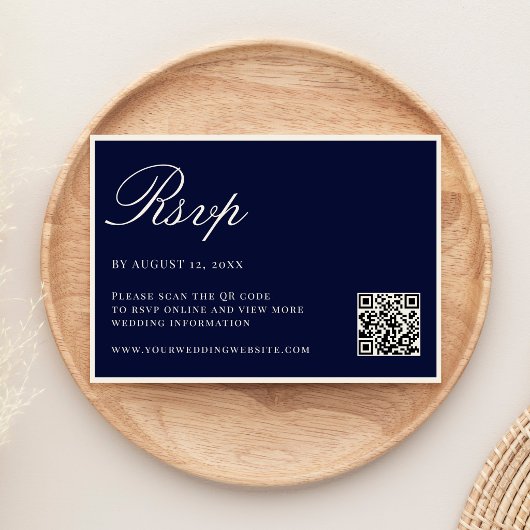 Elegant Navy Blue Old Money QR Code Wedding 出欠カード