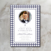 Elegant Navy Blue Photo Boy First Communion 招待状