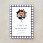 Elegant Navy Blue Photo Boy First Communion 招待状