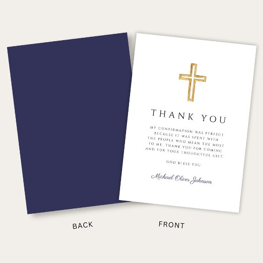 Elegant Navy Blue Religious Cross Confirmation サンキューカード