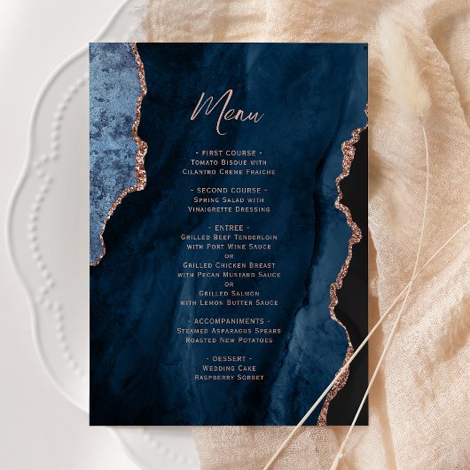 Elegant Navy Blue Rose Gold Agate Wedding Menu メニュー