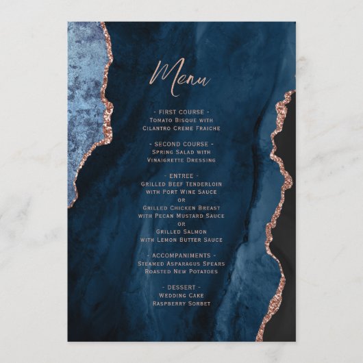 Elegant Navy Blue Rose Gold Agate Wedding Menu メニュー (正面)