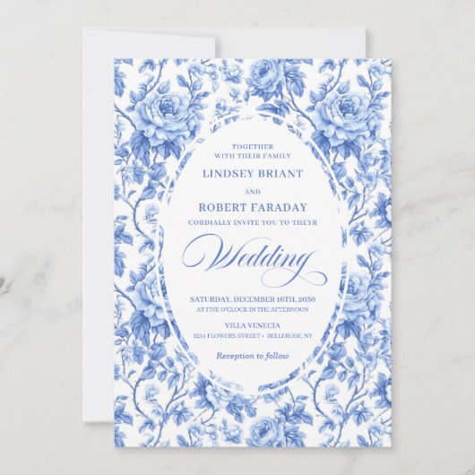 Elegant Navy Blue Roses Floral Wedding Invite 招待状 (正面)