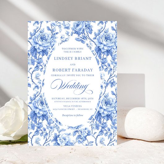 Elegant Navy Blue Roses Floral Wedding Invite 招待状