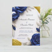 Elegant Navy Blue Roses & Gold Glitter Wedding 招待状 (スタンド正面)