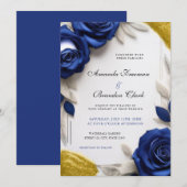 Elegant Navy Blue Roses & Gold Glitter Wedding 招待状 (正面/裏面)