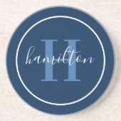 Elegant Navy Blue Round Custom Monogram Initial コースター (正面)