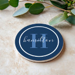 Elegant Navy Blue Round Custom Monogram Initial コースター<br><div class="desc">Elegant round personalized beverage drink coaster design features a classic custom serif monogram initial in dusty blue with your last name / surname in modern white calligraphy script against a navy blue background. A simple white circle frames the design. Color scheme can be customized to coordinate perfectly with your home...</div>