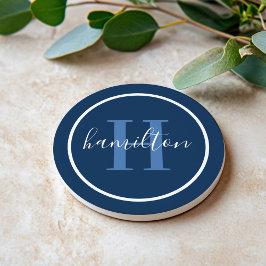Elegant Navy Blue Round Custom Monogram Initial コースター