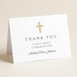 Elegant Navy Blue Script Boy First Communion サンキューカード