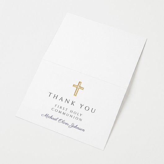 Elegant Navy Blue Script Boy First Communion  サンキューカード