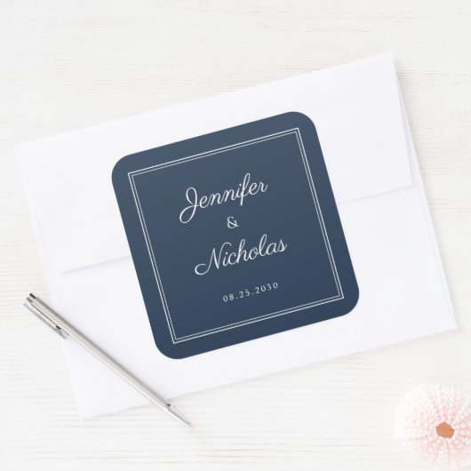 Elegant Navy Blue Script Wedding スクエアシール (封筒)