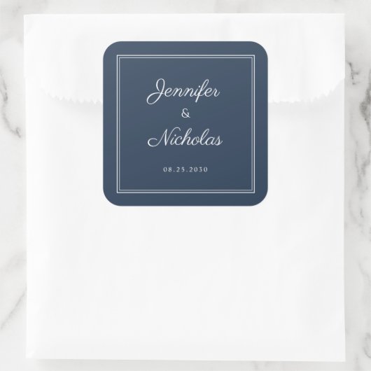 Elegant Navy Blue Script Wedding スクエアシール (バッグ)