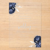 Elegant Navy Blue Silver Floral Wedding アクリル招待状 (正面)