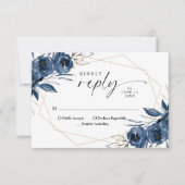 Elegant Navy Blue & Silver Floral Wedding 出欠カード (正面)