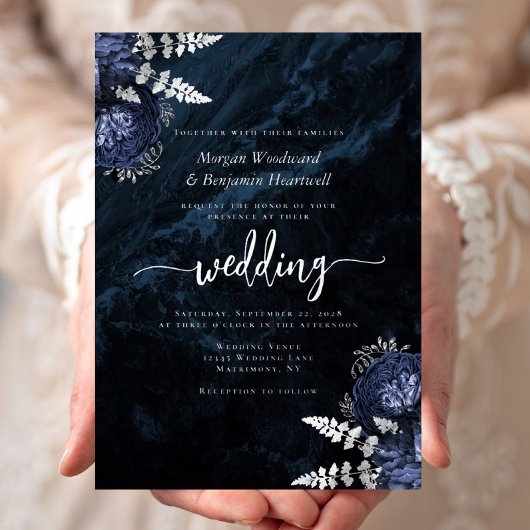 Elegant Navy Blue Silver Floral Wedding 箔招待状