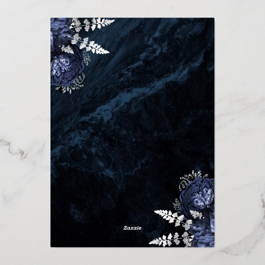 Elegant Navy Blue Silver Floral Wedding 箔招待状 (裏面)