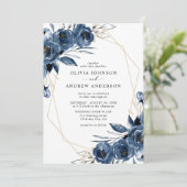 Elegant Navy Blue Silver Geometric Floral Wedding 招待状 (スタンド正面)